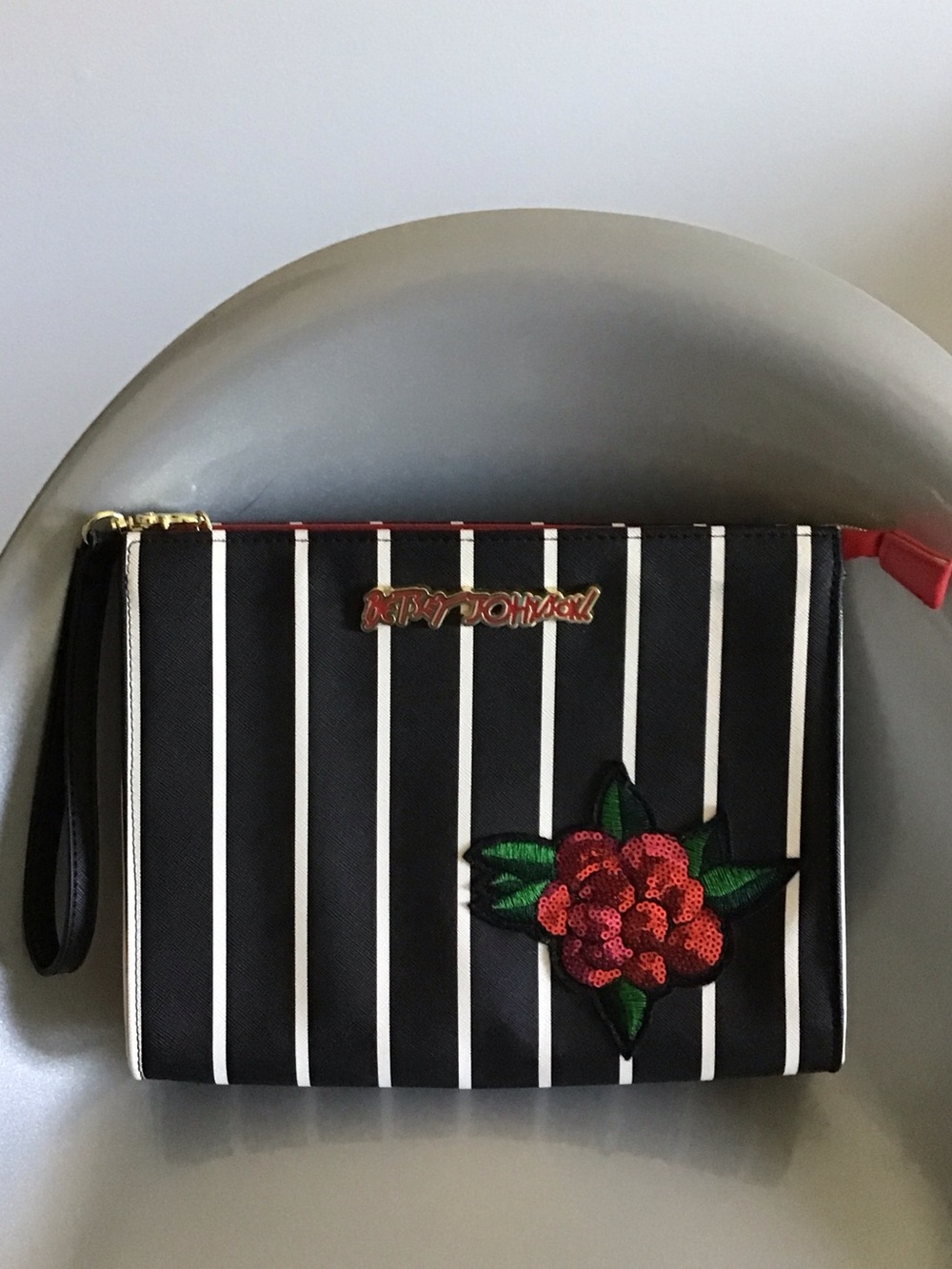 Betsey Johnson Black & White Striped Wristlet with Red Floral Patch